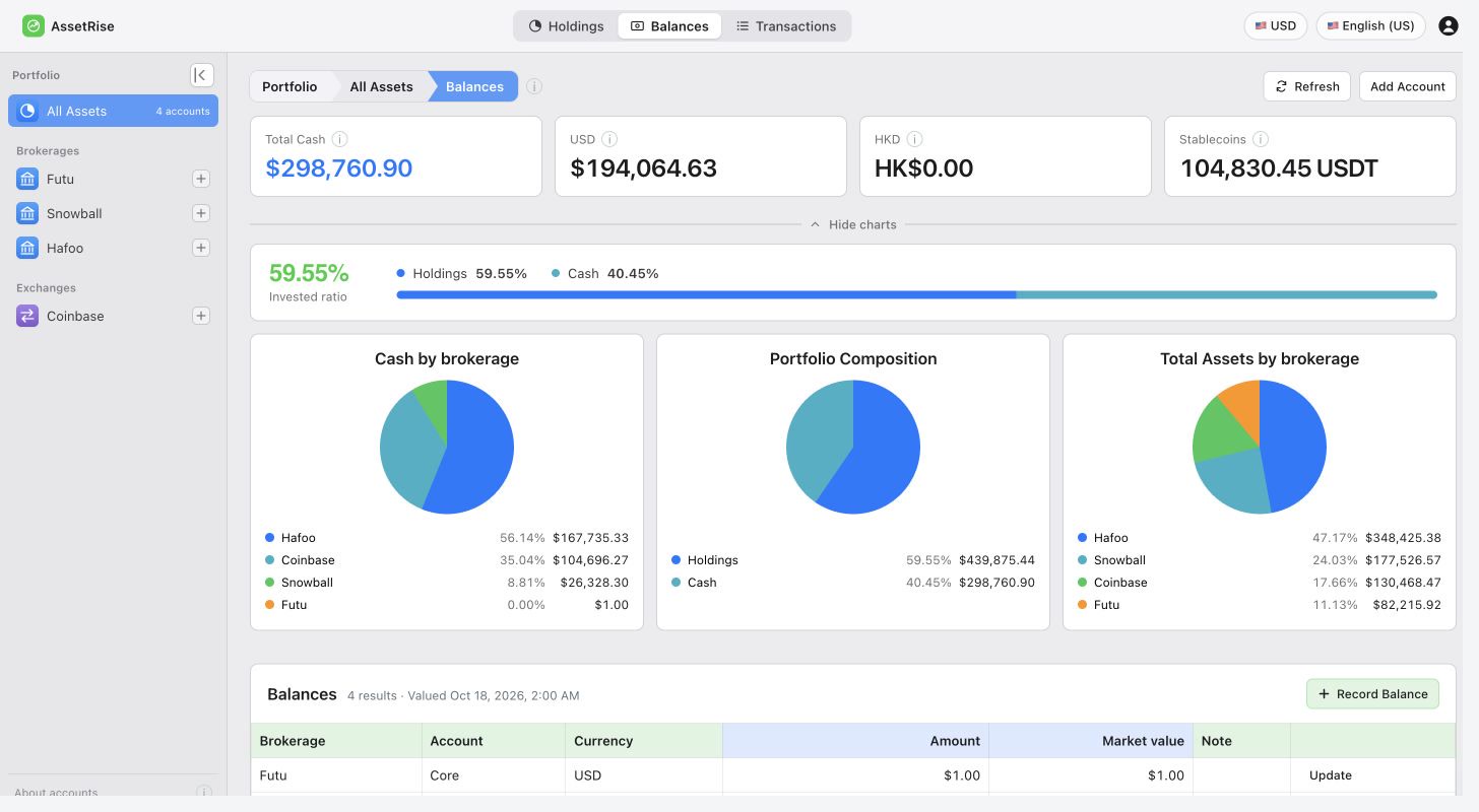 AssetRise balances screen showing multi-currency cash and brokerage accounts