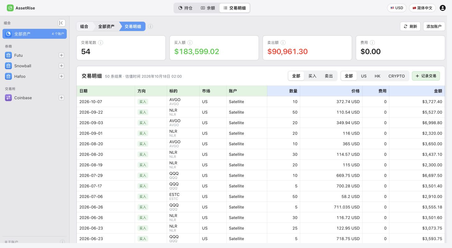 AssetRise 交易明细界面，展示交易记录与录入功能